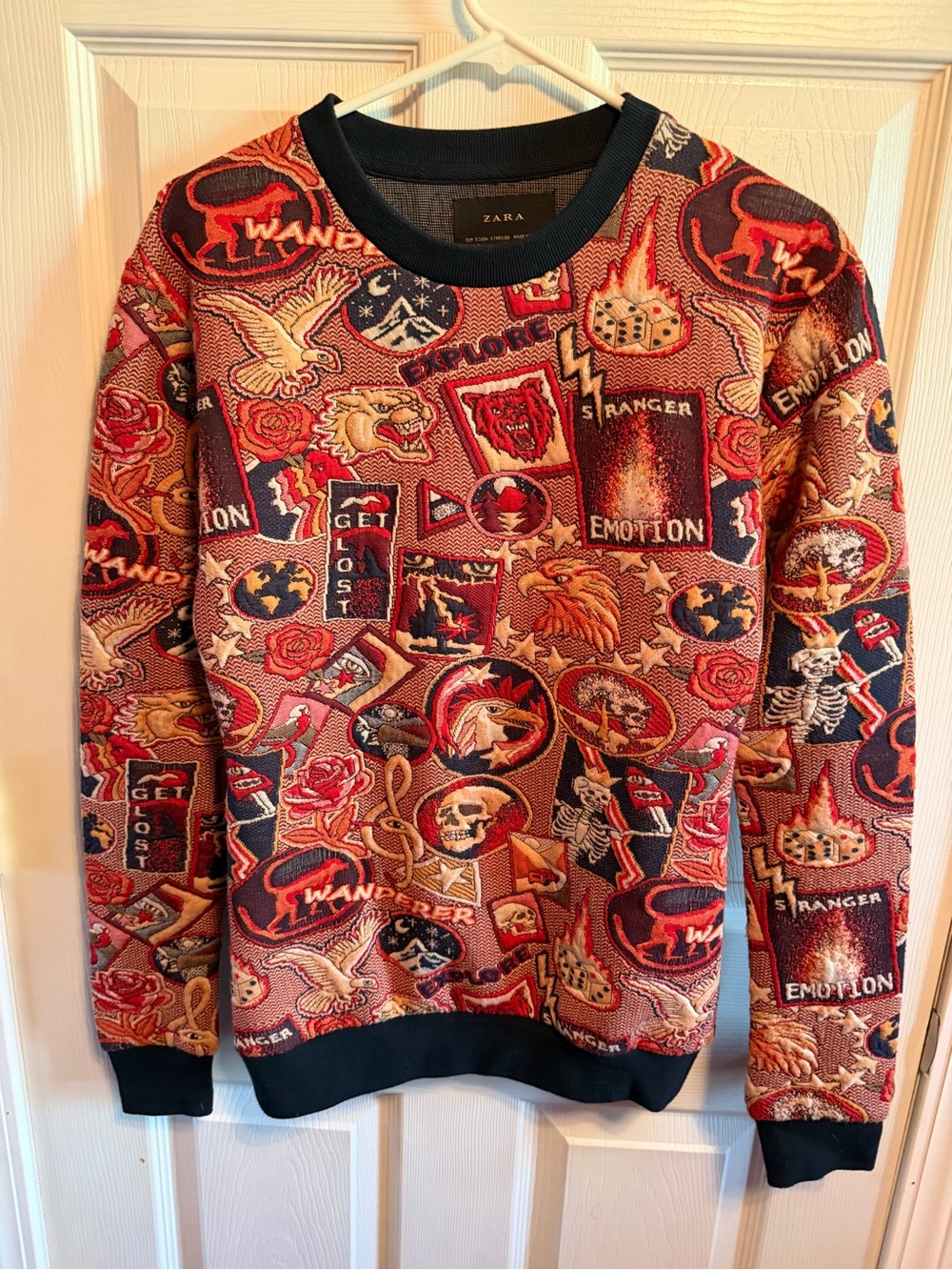 Zara Men’s vintage Multicolor stranger emotions Crewneck Sweater - Red Accent